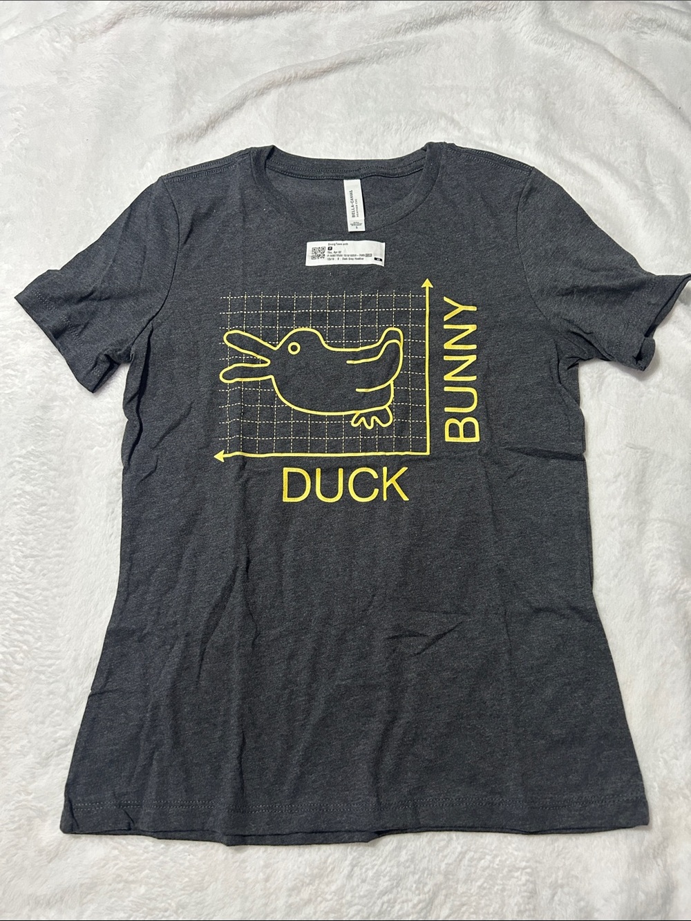 Women's Charcoal Short Sleeve Graphic Tee with Yellow Duck/Bunny Design